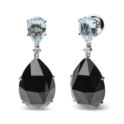 18K White Gold 1/5 Cttw Diamond with Pear Cut Sky Blue Topaz and Pear - Cut Black Onyx Gemstone Dangle Earring (G - H Color, SI1 - SI2 Clarity) - Jaazi Intl