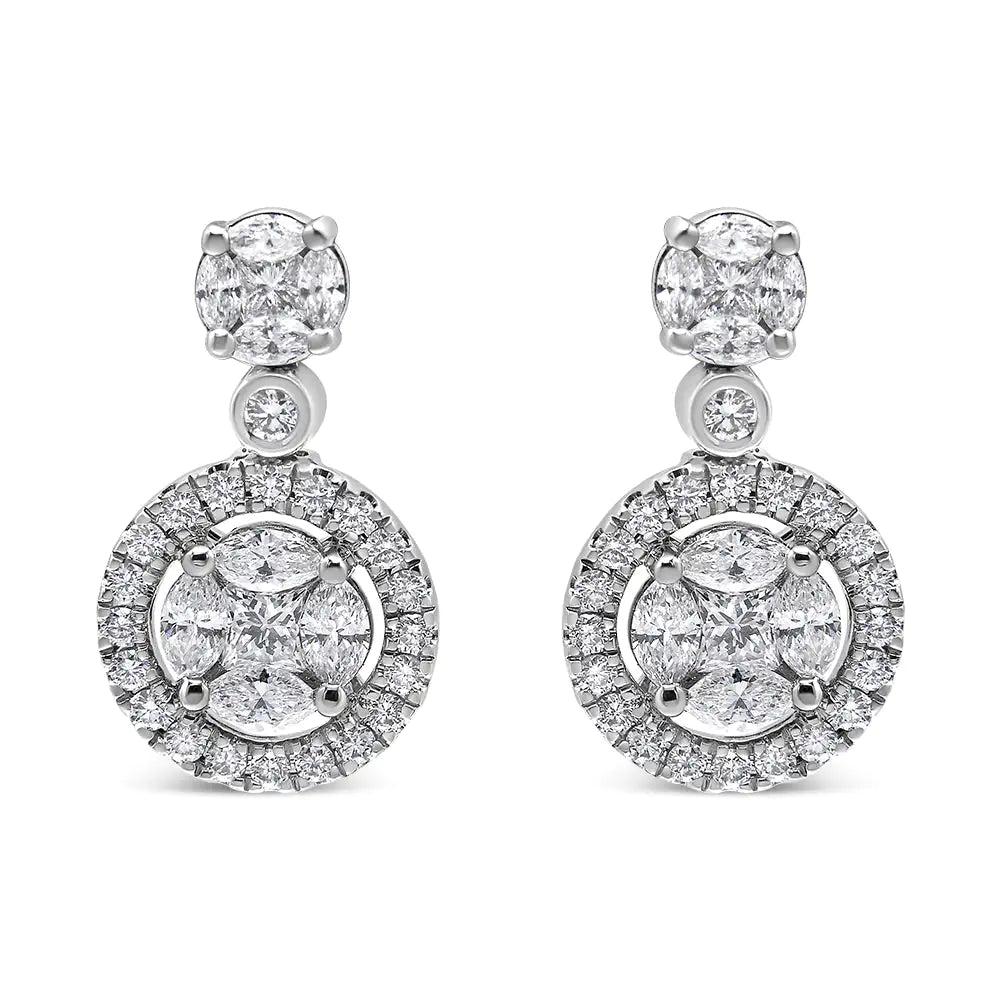 18K White Gold 2.0 Cttw Round Shape Diamond Composite Halo Dangle Stud Earring (F - G Color, VS1 - VS2 Clarity) - Jaazi Intl