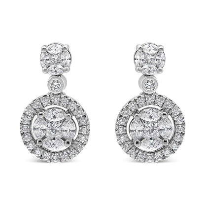 18K White Gold 2.0 Cttw Round Shape Diamond Composite Halo Dangle Stud Earring (F - G Color, VS1 - VS2 Clarity) - Jaazi Intl