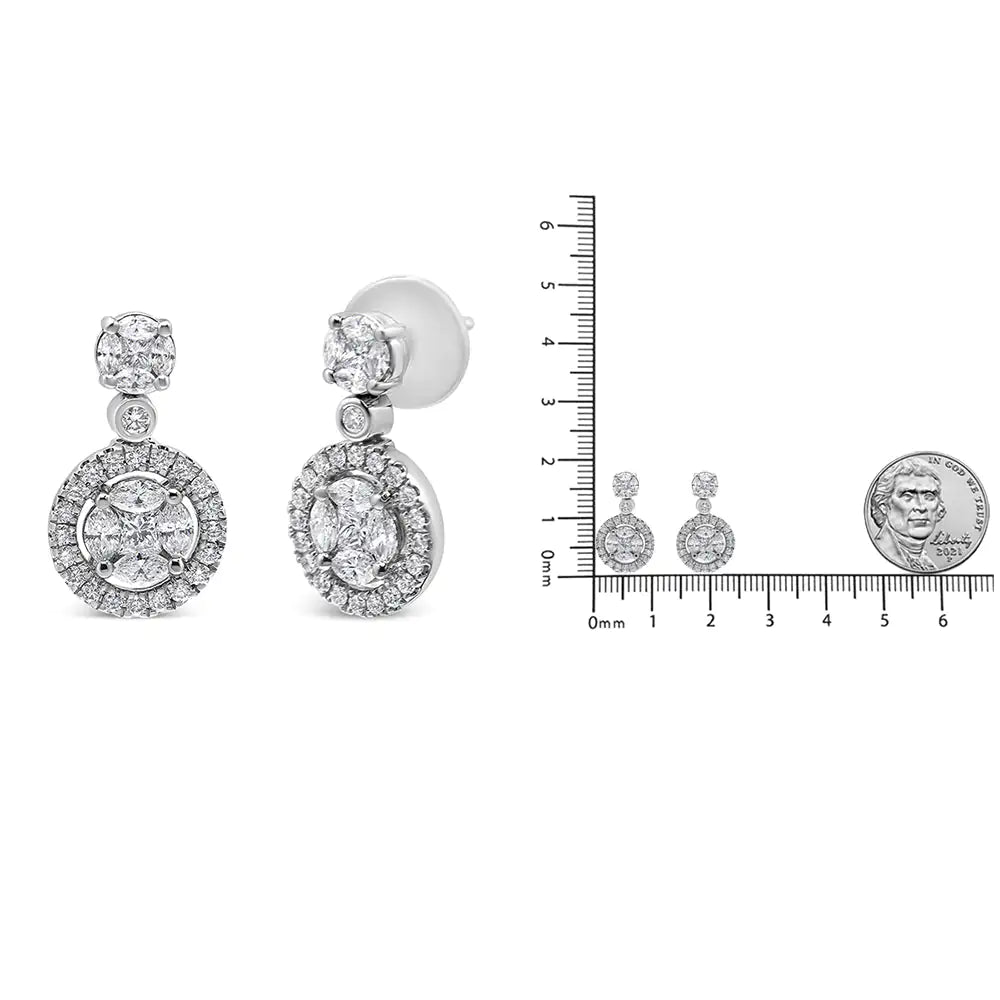 18K White Gold 2.0 Cttw Round Shape Diamond Composite Halo Dangle Stud Earring (F - G Color, VS1 - VS2 Clarity) - Jaazi Intl