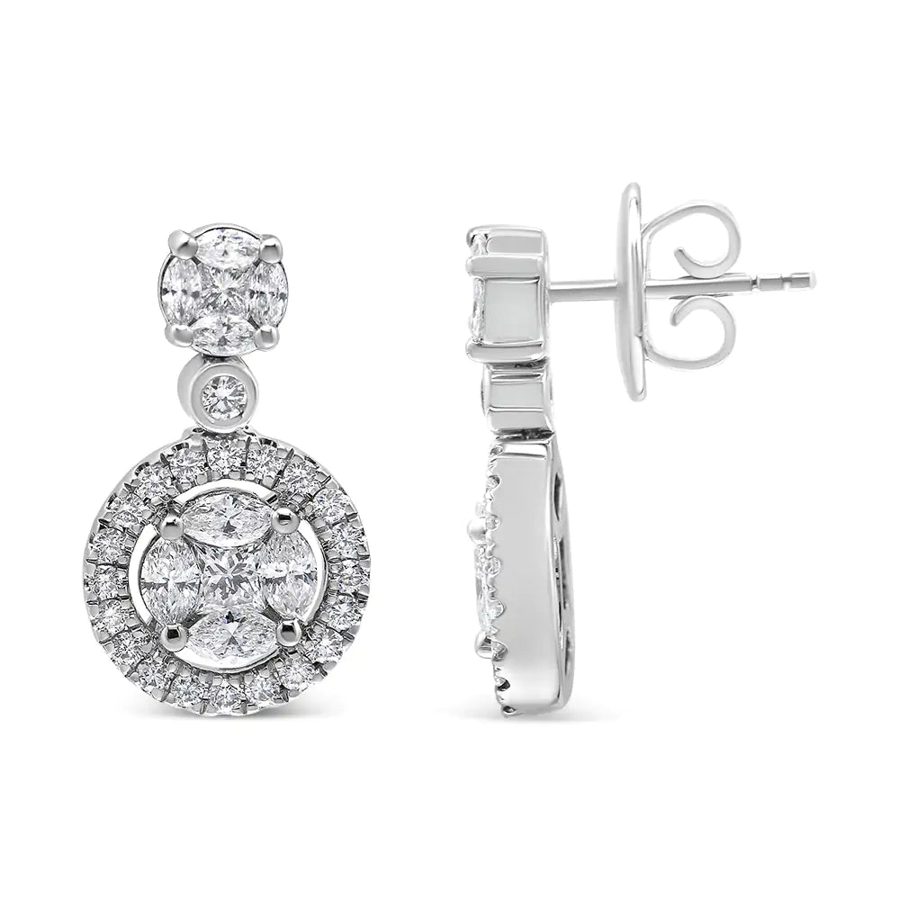 18K White Gold 2.0 Cttw Round Shape Diamond Composite Halo Dangle Stud Earring (F - G Color, VS1 - VS2 Clarity) - Jaazi Intl