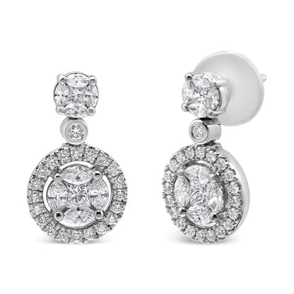 18K White Gold 2.0 Cttw Round Shape Diamond Composite Halo Dangle Stud Earring (F - G Color, VS1 - VS2 Clarity) - Jaazi Intl