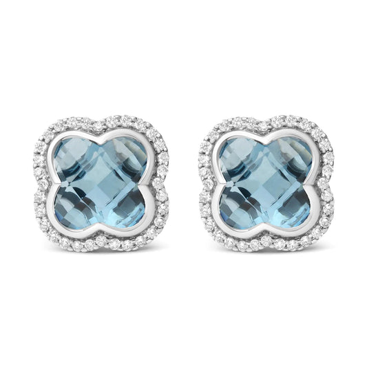 18K White Gold 3/8 Cttw Diamond and 11x11mm Clover - Cut London Blue Topaz Gemstone Halo Clover Stud Earrings (G - H Color, SI1 - SI2 Clarity) - Jaazi Intl