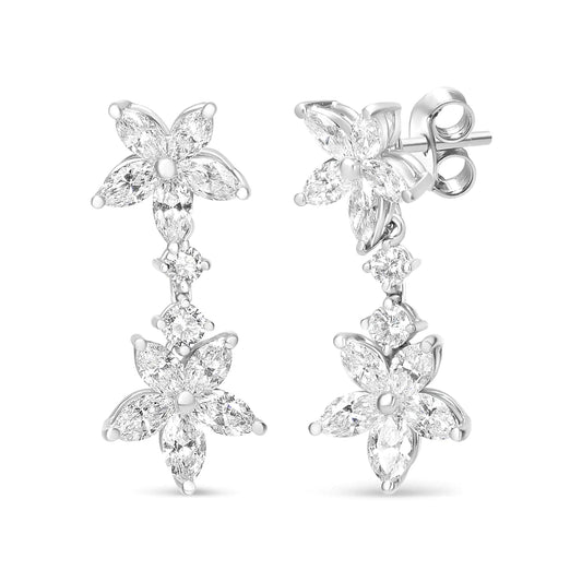 18k White Gold 6.0 Cttw Marquise Diamond Floral Dangle Drop Earrings (E - F Color, VS1 - VS2 Clarity) - Jaazi International