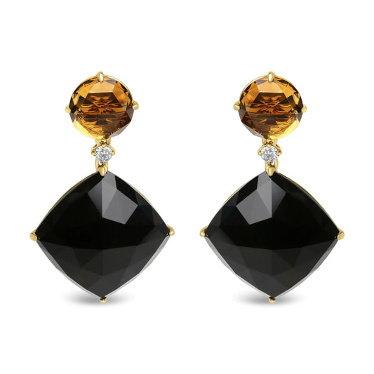 18K Yellow Gold 1/5 Cttw Diamond with Round Yellow Citrine and Cushion Cut Black Onyx Gemstone Dangle Earring (G - H Color, SI1 - SI2 Clarity) - Jaazi International