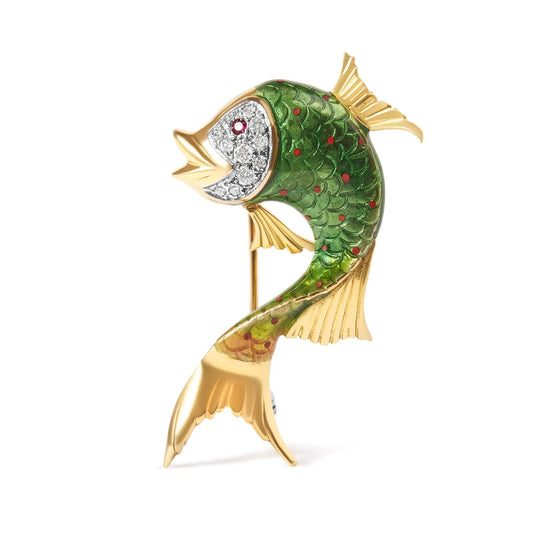 18K Yellow Gold and Green Enamel Diamond and Pink Sapphire Fish Brooch Pin (H - I Color, VS2 - SI1 Clarity) - Jaazi International