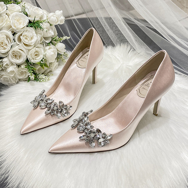 Chaussures de mariée en cristal de mariage, robe en soie Champagne, chaussures de demoiselle d'honneur, talons hauts blancs, talons fins