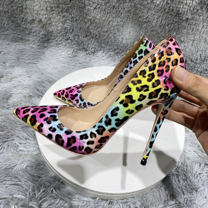 Tikicup Pink Leopard Glossy Print Women Pointy Toe High Heel Shoes for Party Sexy Comfortable Stiletto Pumps 8cm 10cm 12cm