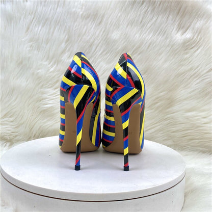 Multi-Color Stripes Print Women Fashion Designer Pointy Toe High Heel Shoes for Party Sexy Ladies Slip On Stiletto Pumps