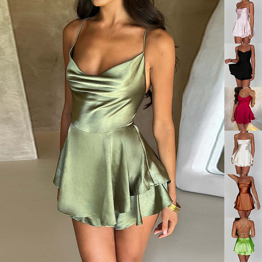 Sexy Hosenträgerrock für Damen, elegant, schmales Träger-Satin, rückenfrei, Schnürung, A-Linie, kurzes Kleid für Damen