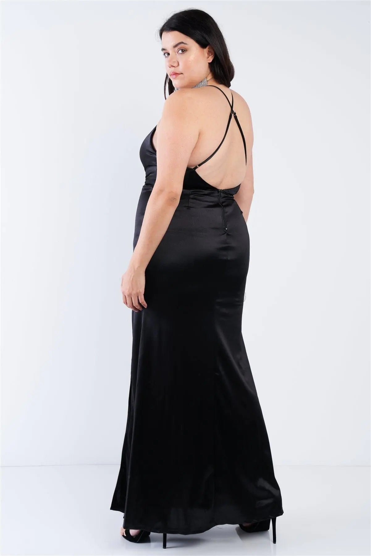 Plus Size Black Surplice Open Criss Cross Back Maxi Dress /2-1-1