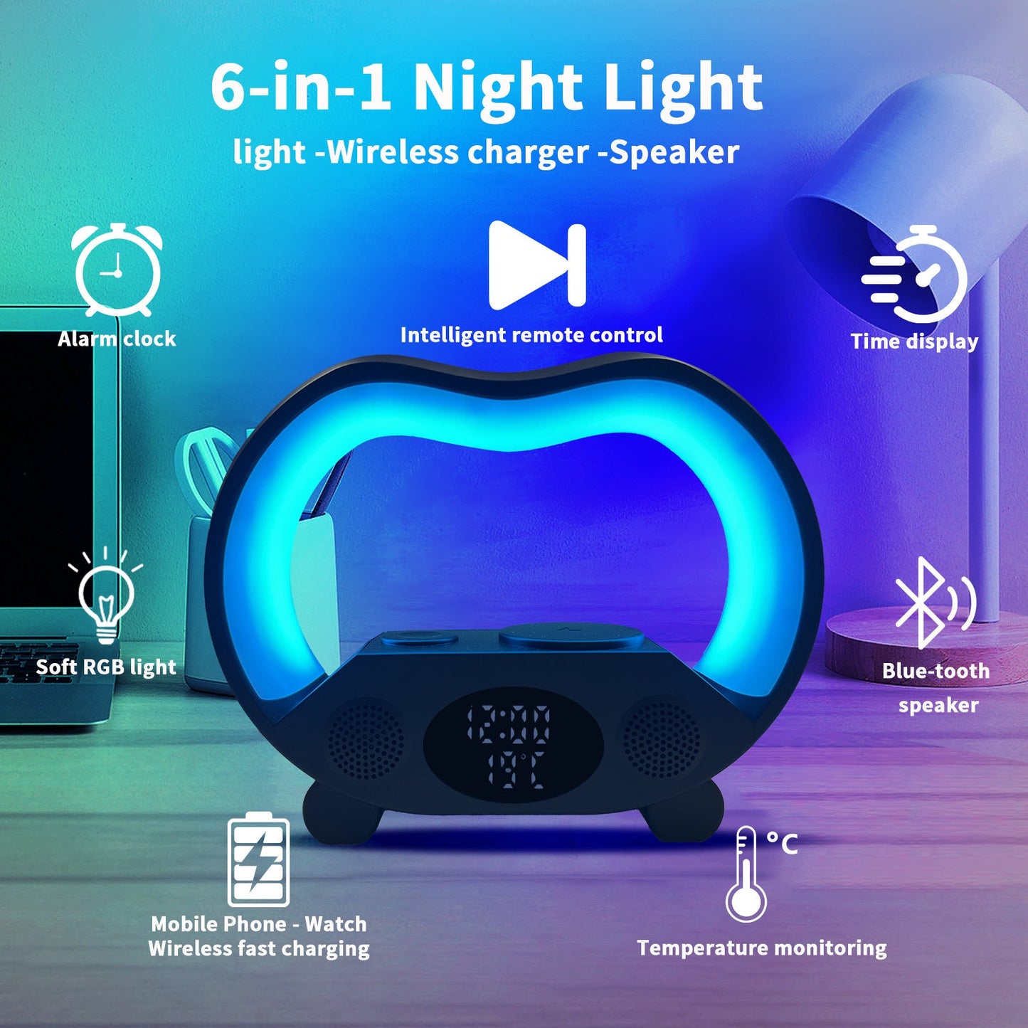 2024 New 6 In 1 Smart Remote Control Bluetooth Ambience Intelligent LED Table Lamp Multi - function Wireless Charger Night Light Bluetooth Speaker - Jaazi Intl