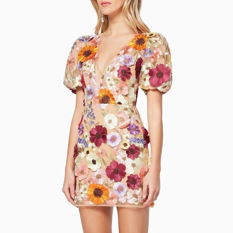 2024 Spring Summer New Women's Clothing V-neck Three-Dimensional Flower Sheath Lantern Sleeve Sexy Embroidered Dress - Jaazi Intl