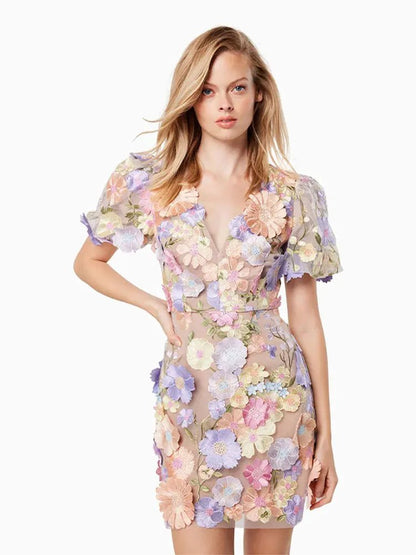 2024 Spring Summer New Women's Clothing V-neck Three-Dimensional Flower Sheath Lantern Sleeve Sexy Embroidered Dress - Jaazi Intl