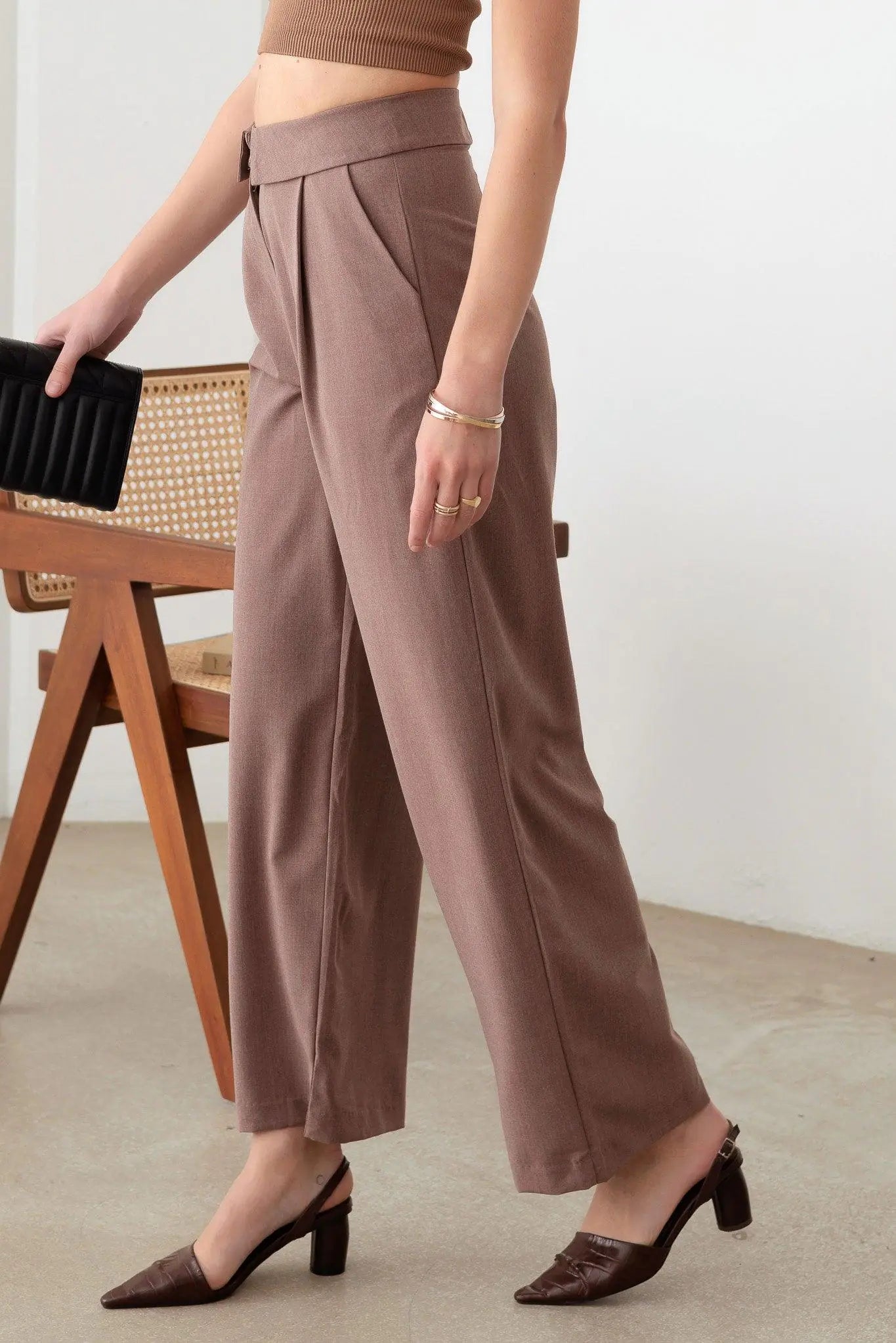 Wide Leg Asymmetric Waistband Tailored Pants