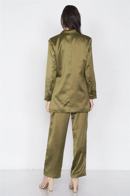 Olive Silk Boyfriend Blazer & Chic High-Waist Pleated Ankle Pant Set   /3-2-1