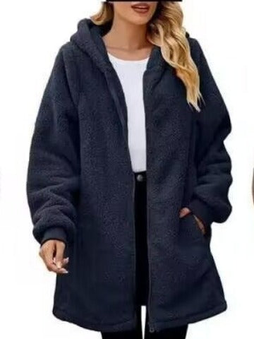 Loose Plush Women's Long Sleeve Hooded Zip Cardigan Coat