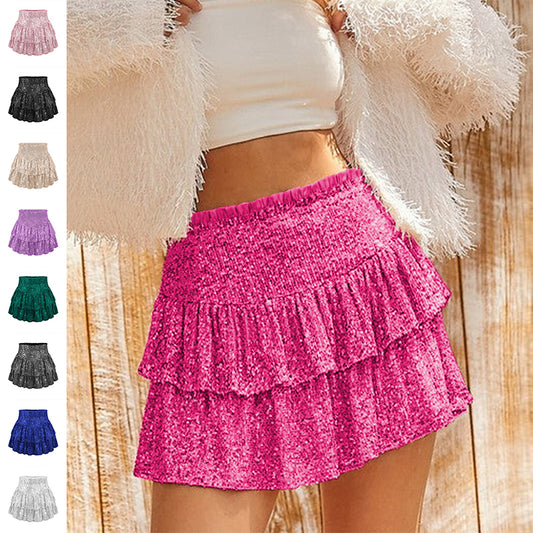 Hoher Taillen-Pailletten-Faltenrock Damenbekleidung Hot Girl Party Kurzes Kleid