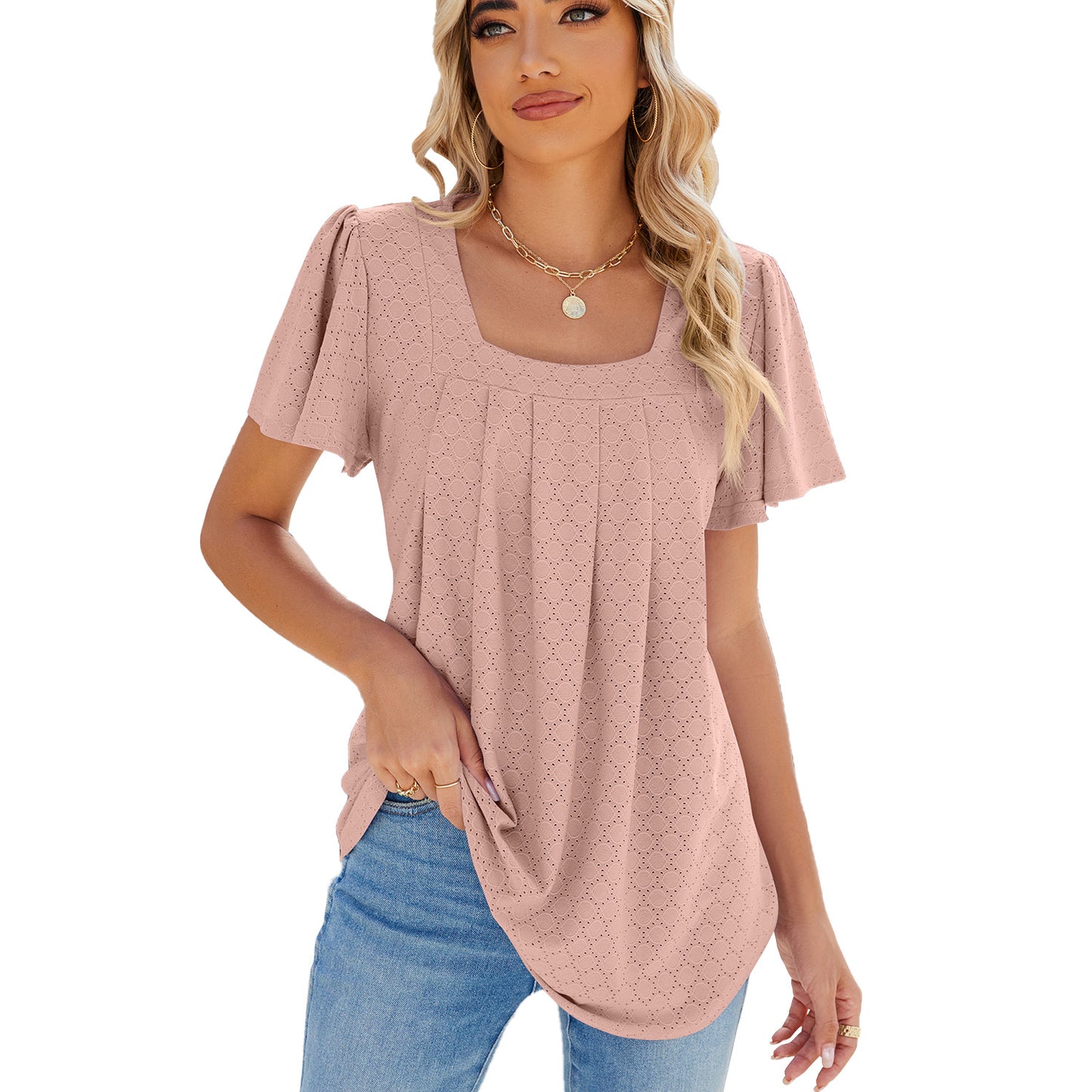 Summer Square Neck Pleated Short-sleeved T-shirt Loose Solid Color Ruffled Hollow Design Top For Womens Clothing