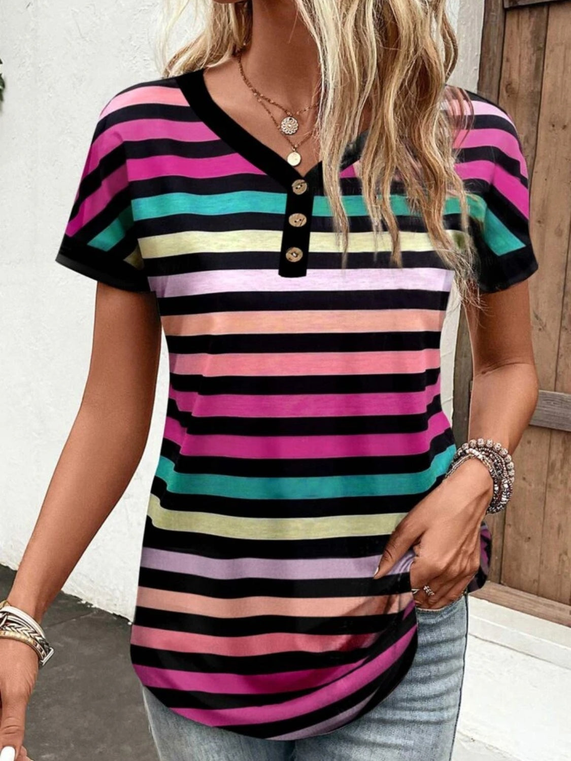 Striped V-Neck Short Sleeve T-Shirt