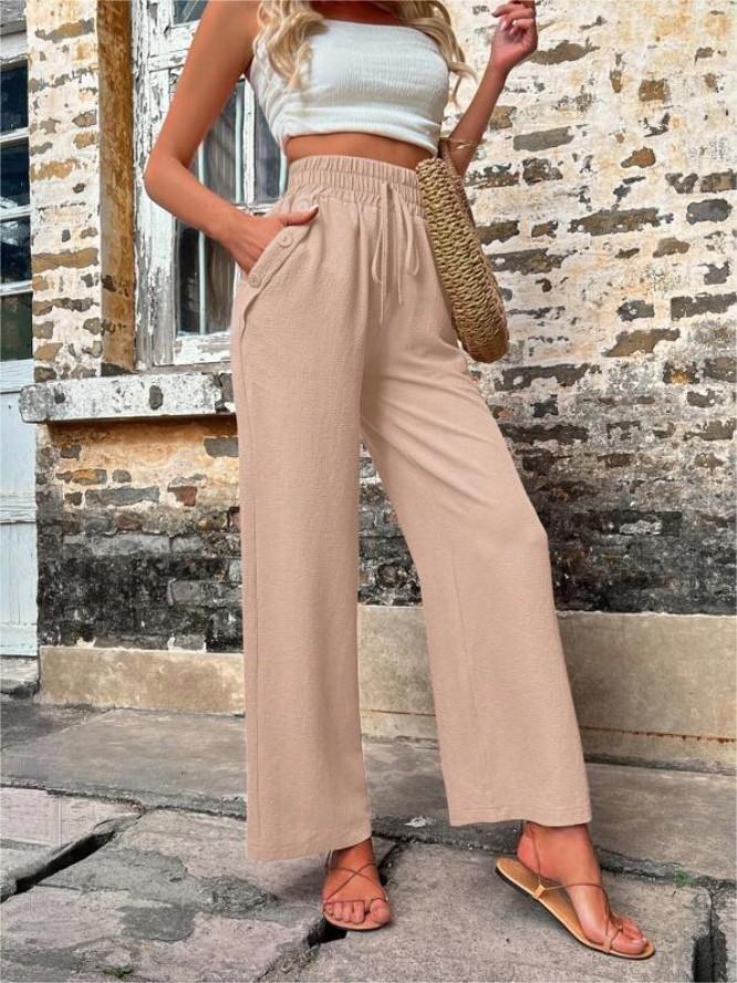 New Casual Pants With Pockets Elastic Drawstring High Waist Loose Trousers For Women