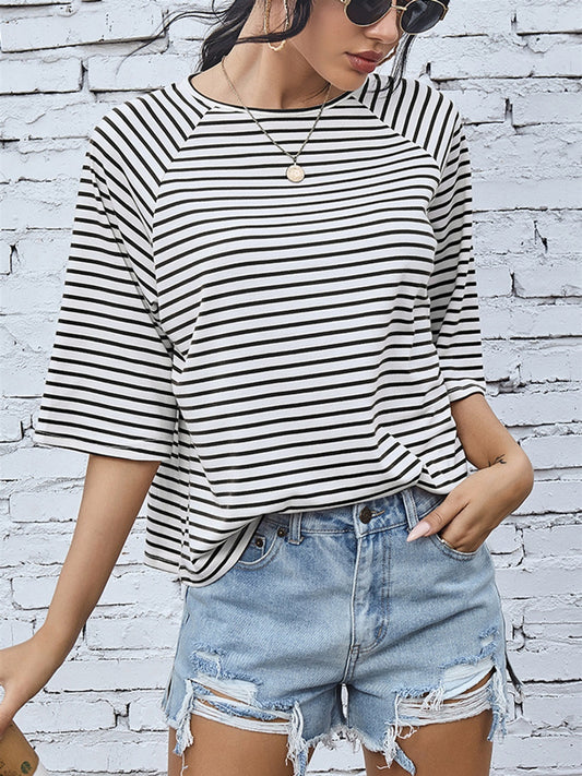 Striped Round Neck Raglan Sleeve T-Shirt