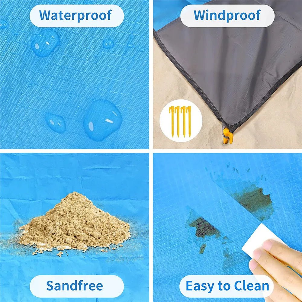 2x2.1m Portable Waterproof Sand Free Pocket Beach Blanket Large Lightweight Foldable Camping Picnic Mat for 4 - 6 Adults Outdoor - Jaazi Intl