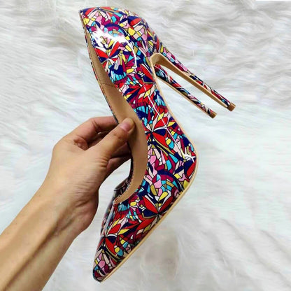 Tikicup Black Graphic Printed Women Pointy Toe High Heel Shoes Ladies Slip On Stiletto Pumps Plus Size 43 44 45 8cm 10cm 12cm