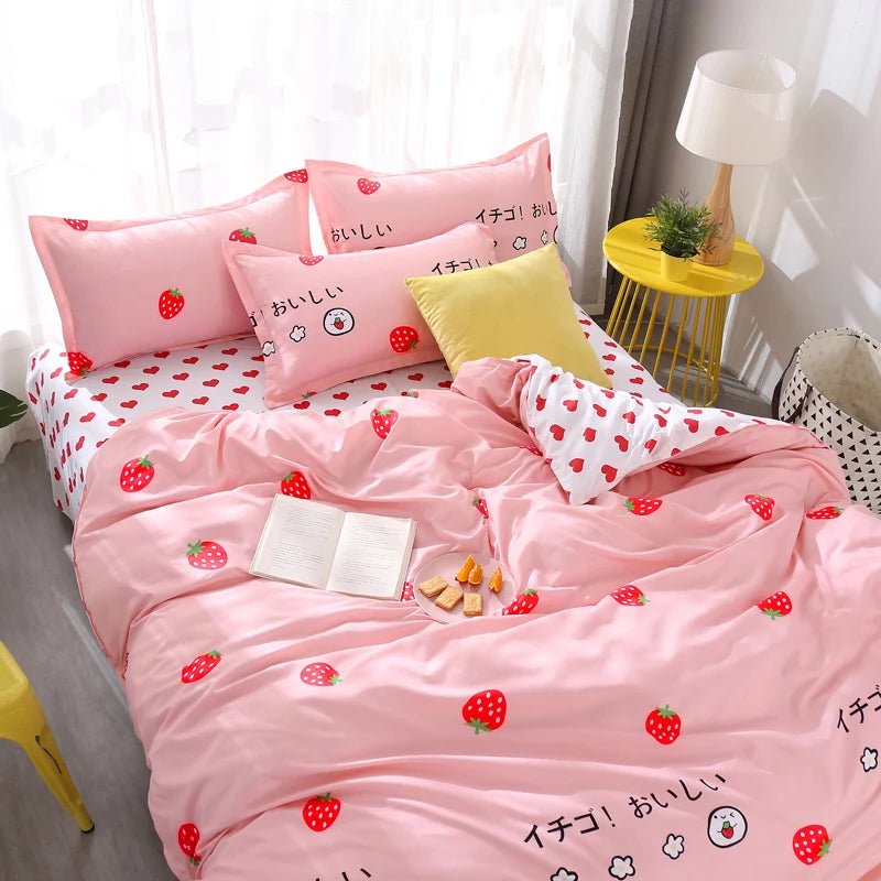 3/4pcs Bedding Set Pink Strawberry Fashion Bed Sheets Queen Size Luxury Bedding Set bed Sheet Sets Duvet Cover Set King Size - Jaazi Intl