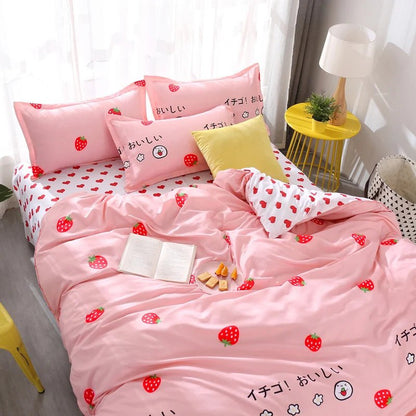 3/4pcs Bedding Set Pink Strawberry Fashion Bed Sheets Queen Size Luxury Bedding Set bed Sheet Sets Duvet Cover Set King Size - Jaazi Intl