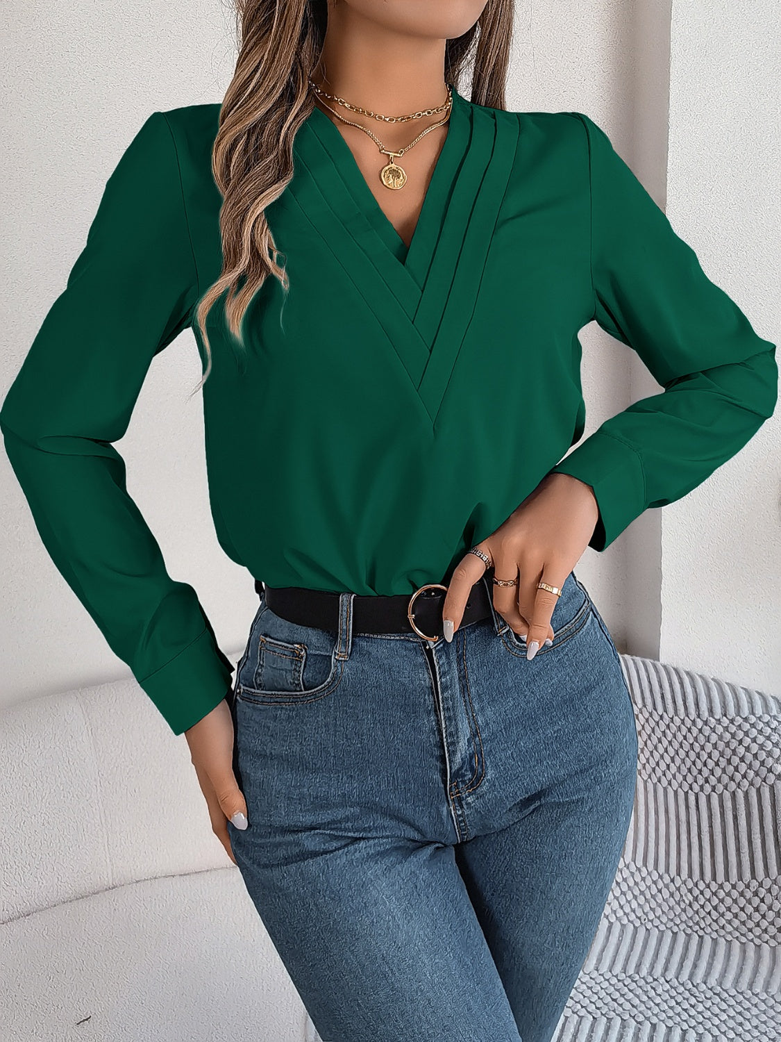 V-Neck Long Sleeve Blouse