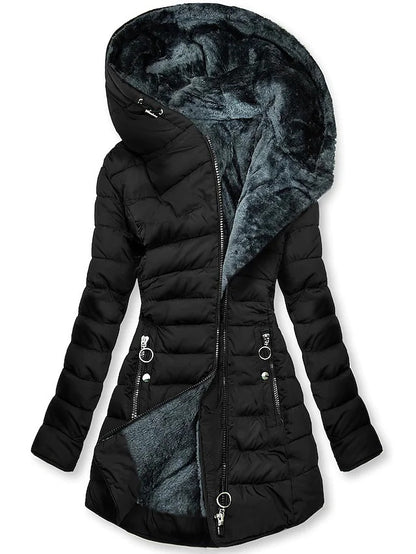 Women's Plush Hooded Mid-length Oblique Zipper Cotton-padded Coat