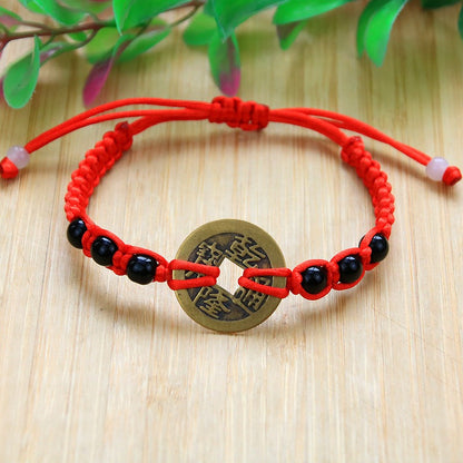 Bracelet en corde rouge Bunbun tissé à la main, pièce de monnaie en cuivre