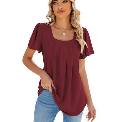 Summer Square Neck Pleated Short-sleeved T-shirt Loose Solid Color Ruffled Hollow Design Top For Womens Clothing