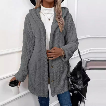 Hooded Cardigan Button Long Jacket Winter Solid Color Long Sleeve Coat