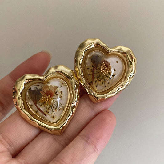 French Vintage Gold Color Punk Metal Flower Resin Heart Earrings Party Wedding Jewelry