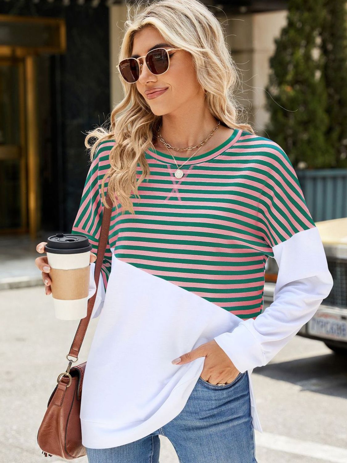 Slit Contrast Striped Long Sleeve Sweatshirt