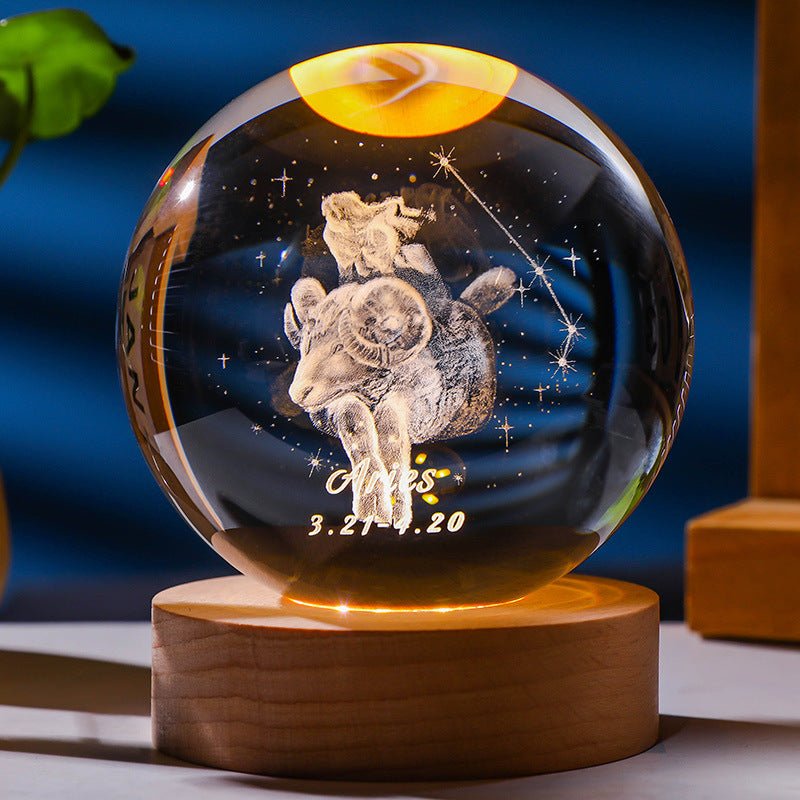 3D Constellation Crystal Ball Night Light Laser Engraved Birthday Gift Glass Sphere Home Desktop Decoration With Wooden USB Base - Jaazi Intl