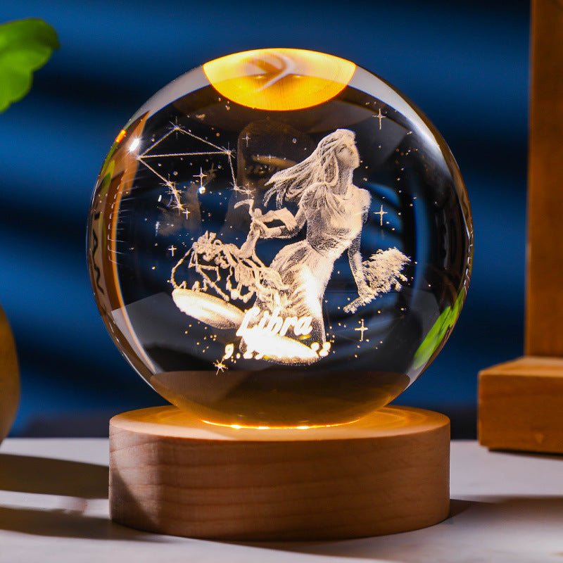 3D Constellation Crystal Ball Night Light Laser Engraved Birthday Gift Glass Sphere Home Desktop Decoration With Wooden USB Base - Jaazi Intl