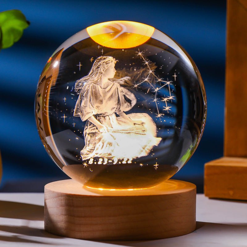 3D Constellation Crystal Ball Night Light Laser Engraved Birthday Gift Glass Sphere Home Desktop Decoration With Wooden USB Base - Jaazi Intl