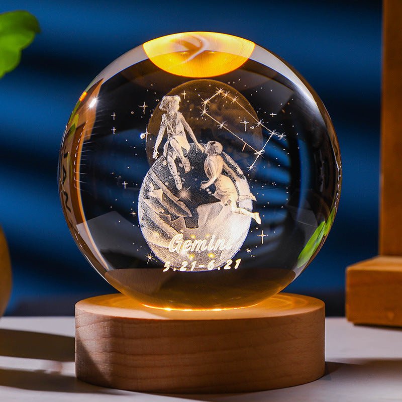 3D Constellation Crystal Ball Night Light Laser Engraved Birthday Gift Glass Sphere Home Desktop Decoration With Wooden USB Base - Jaazi Intl