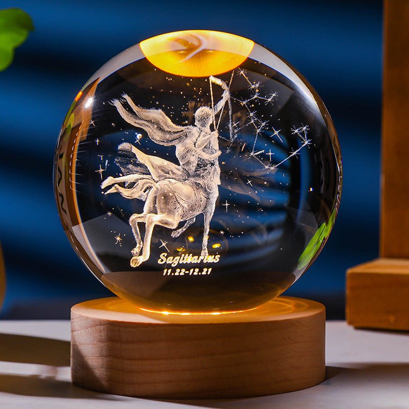 3D Constellation Crystal Ball Night Light Laser Engraved Birthday Gift Glass Sphere Home Desktop Decoration With Wooden USB Base - Jaazi Intl