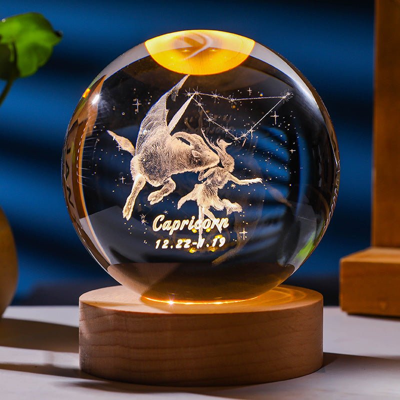 3D Constellation Crystal Ball Night Light Laser Engraved Birthday Gift Glass Sphere Home Desktop Decoration With Wooden USB Base - Jaazi Intl