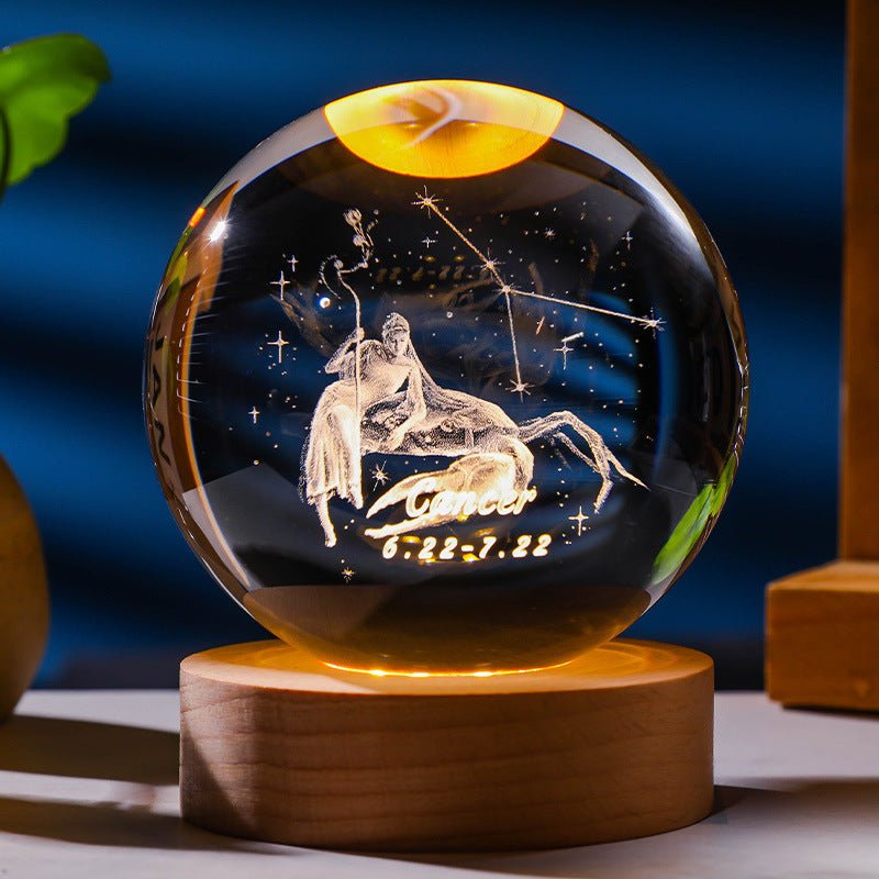 3D Constellation Crystal Ball Night Light Laser Engraved Birthday Gift Glass Sphere Home Desktop Decoration With Wooden USB Base - Jaazi Intl