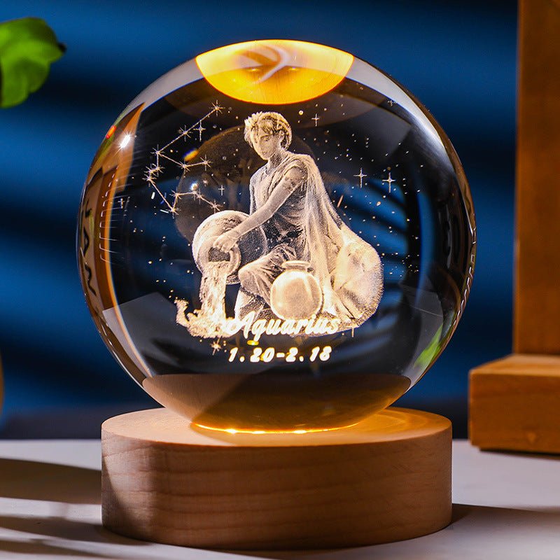 3D Constellation Crystal Ball Night Light Laser Engraved Birthday Gift Glass Sphere Home Desktop Decoration With Wooden USB Base - Jaazi Intl