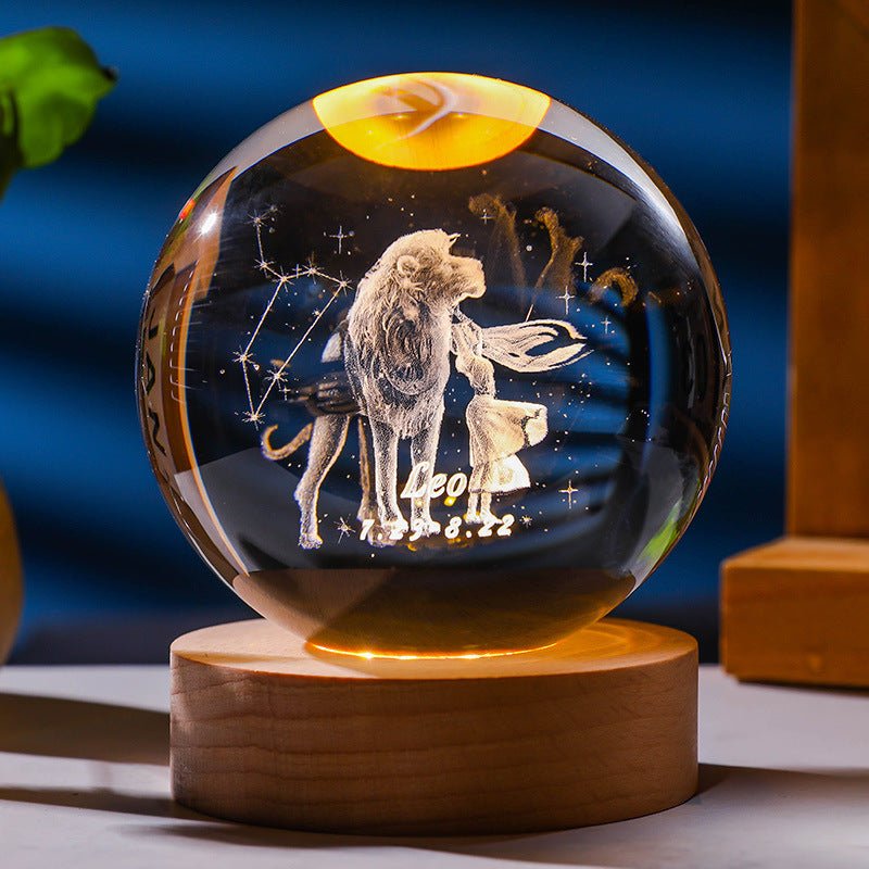 3D Constellation Crystal Ball Night Light Laser Engraved Birthday Gift Glass Sphere Home Desktop Decoration With Wooden USB Base - Jaazi Intl