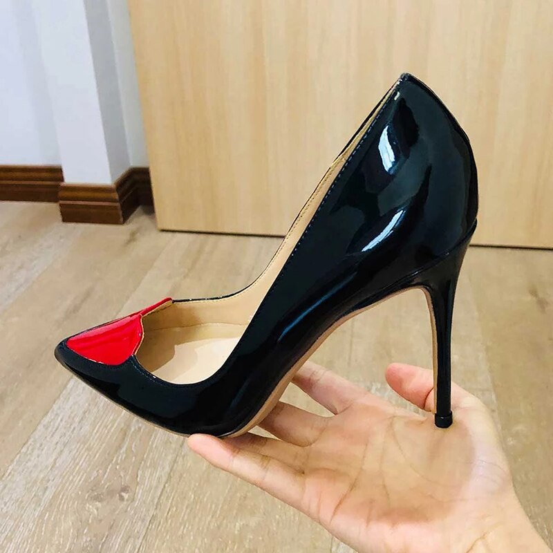 Processing Time:7-15 days after placing orders Tikicup Love Heart Patchwork Women Pointed Toe Stiletto High Heel Shoes 12cm 10cm 8cm Customize Ladies Chic Designer Pumps