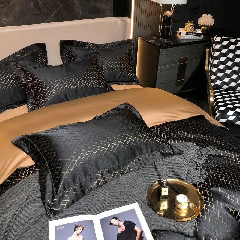 4/6Pcs Luxury Black Gold Yarndyed Jacquard Egyptian Cotton Smooth Duvet Cover Cal King Bedding Set Flat/Fitted Sheet Pillowcases - Jaazi Intl