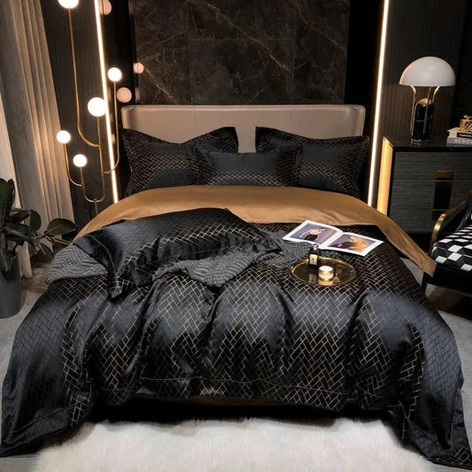 4/6Pcs Luxury Black Gold Yarndyed Jacquard Egyptian Cotton Smooth Duvet Cover Cal King Bedding Set Flat/Fitted Sheet Pillowcases - Jaazi Intl