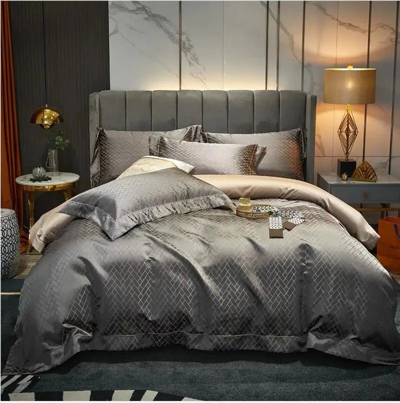 4/6Pcs Luxury Black Gold Yarndyed Jacquard Egyptian Cotton Smooth Duvet Cover Cal King Bedding Set Flat/Fitted Sheet Pillowcases - Jaazi Intl